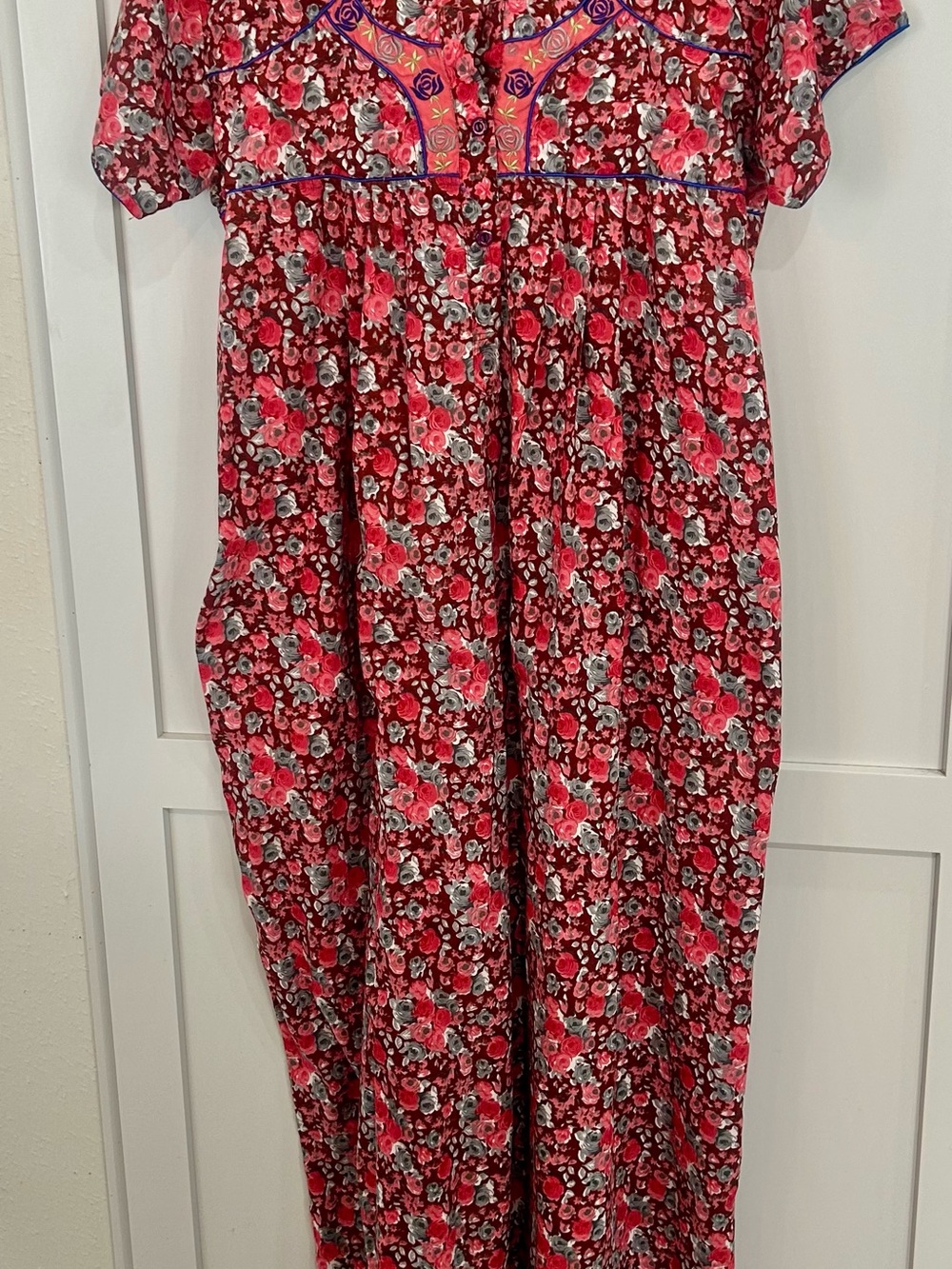 Red Floral Maxi House Dress with Embroidered Yoke Detail M/L